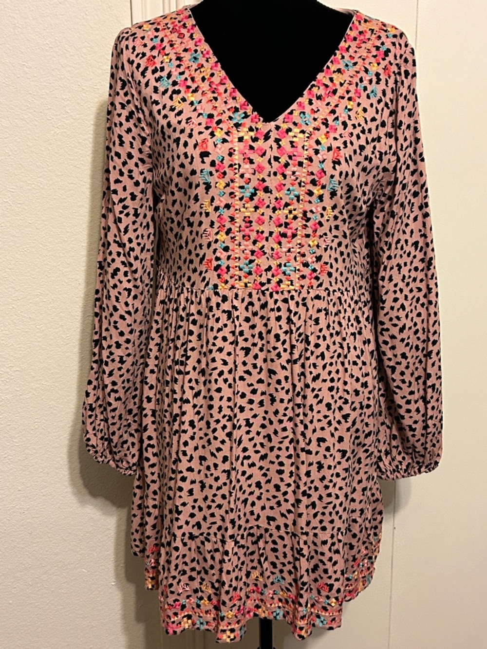 Savanna Jane Pink Leopard Embroidered V-Neck Tunic